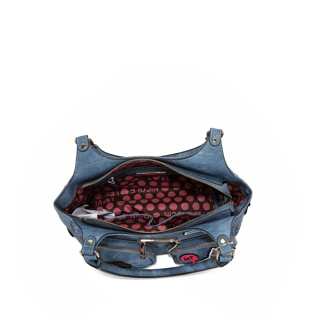 BOLSO DE HOMBRO CON MÚLTIPLES PARCHES (MARRON)