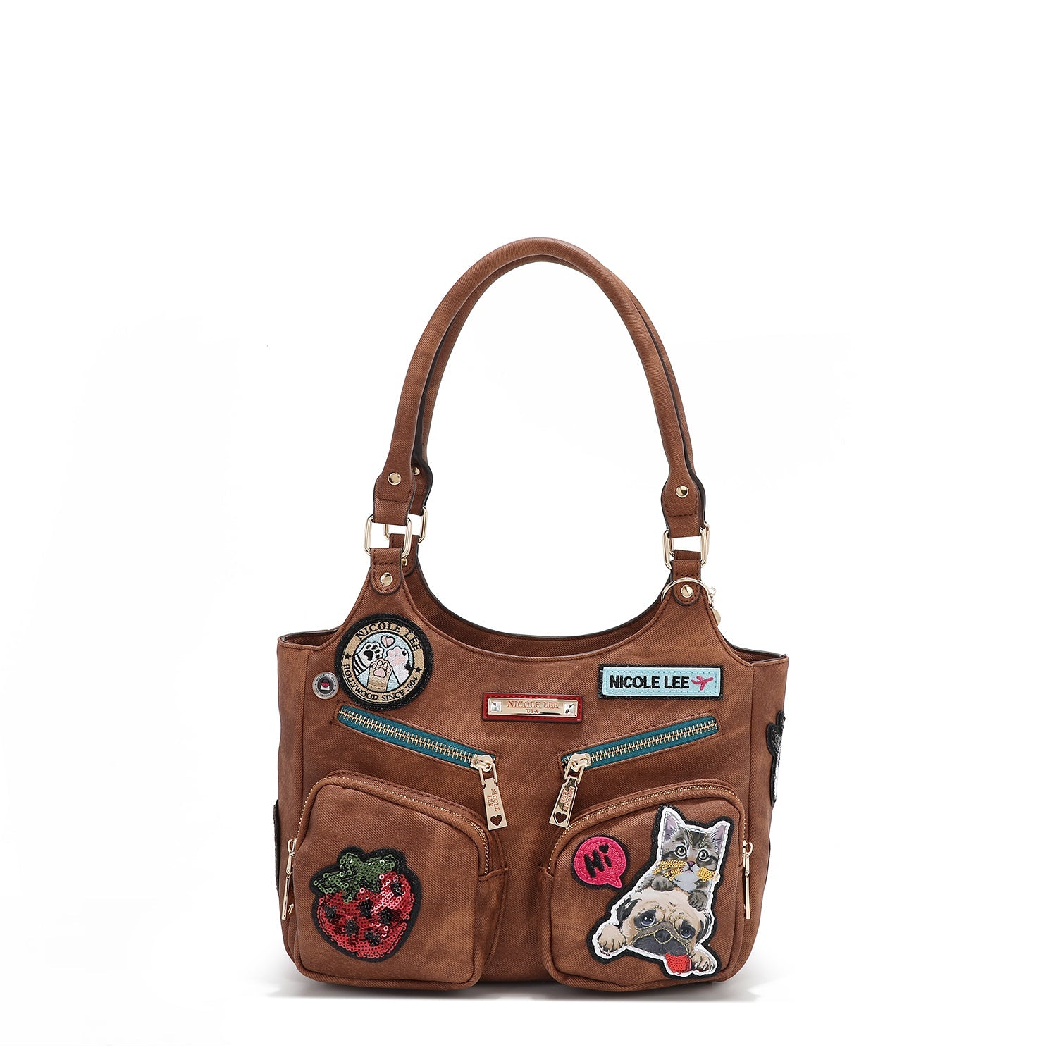 BOLSO DE HOMBRO CON MÚLTIPLES PARCHES (MARRON)